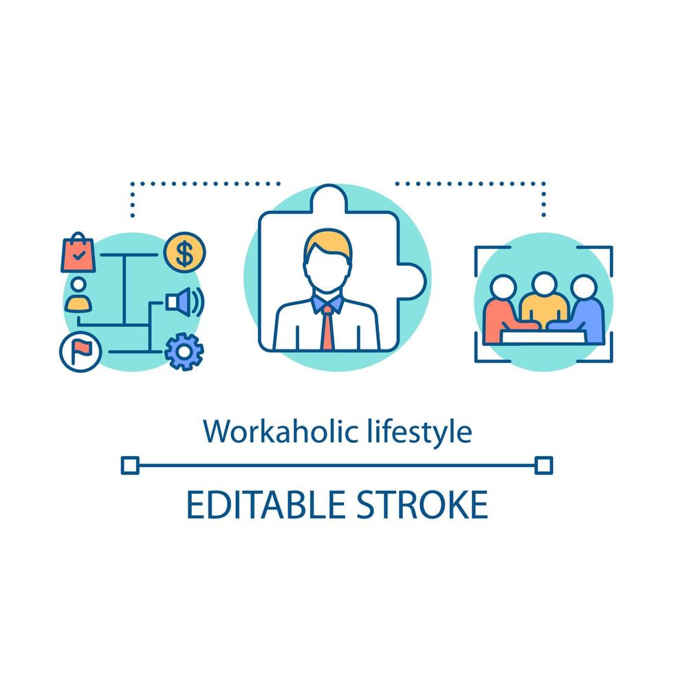 Workaholic lifestyle concept icon. Work addiction idea thin line illustration. Business management. Working overtime, being behind schedule. Vector isolated outline drawing. Editable stroke