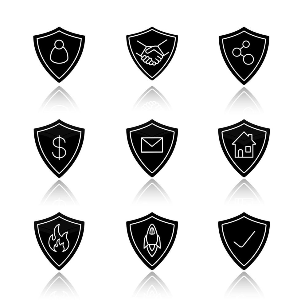 Protection shields drop shadow black glyph icons set. Safe bargain, firefighters badge, money, real estate, email, connection security. Isolated vector illustrations