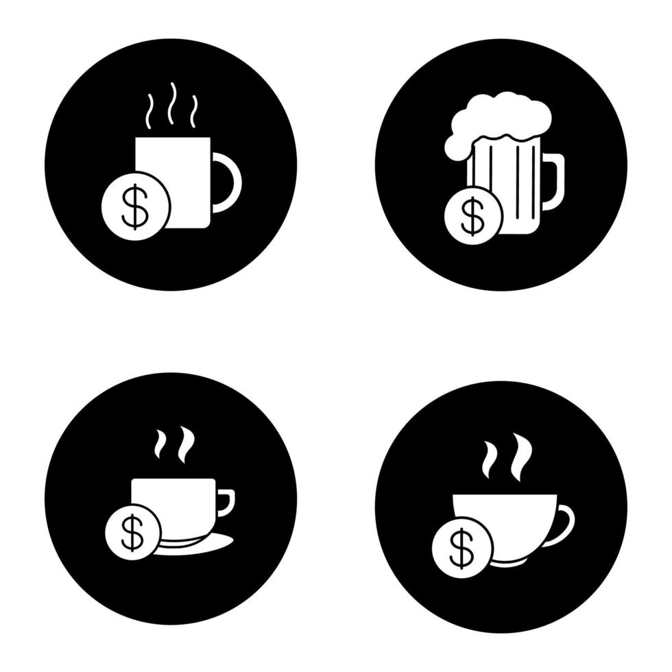 Buy drinks glyph icons set. Beer glass, hot steaming mugs price with dollar sign. Vector white silhouettes illustrations in black circles
