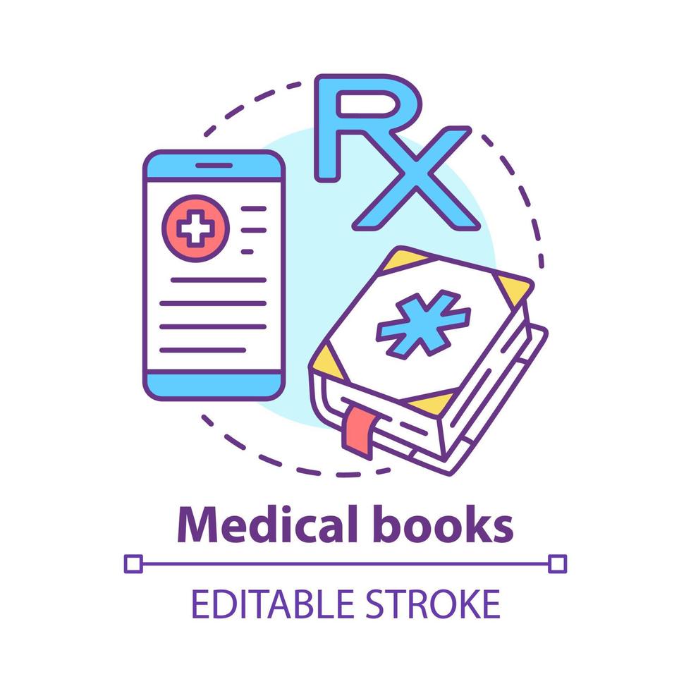 icono de concepto de libros de medicina. Ilustración de línea fina de idea de literatura de tratamiento de salud. instrucciones de medicamentos y primeros auxilios. recomendaciones terapéuticas. dibujo de contorno aislado vectorial. trazo editable vector