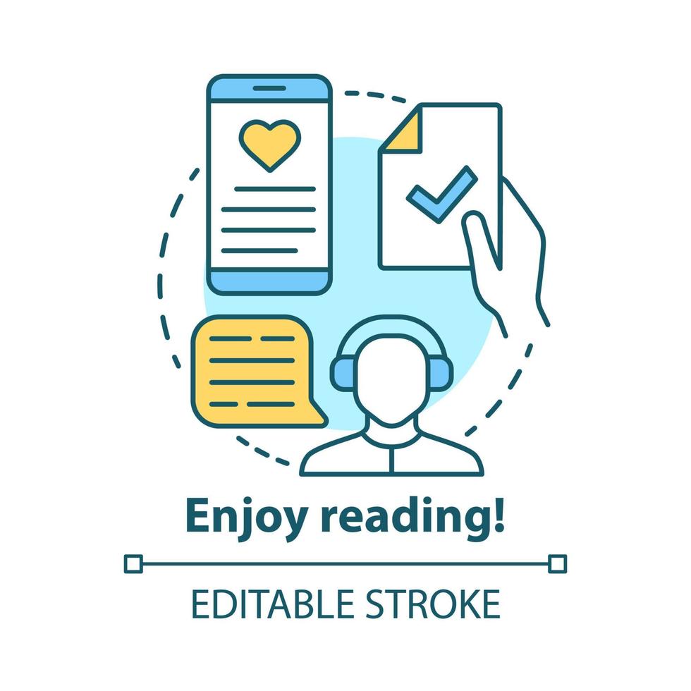 Enjoy reading concept icon. Passionate readers idea thin line illustration. Audio books, texts listening, ebooks reading application. Vector isolated outline drawing. Editable stroke