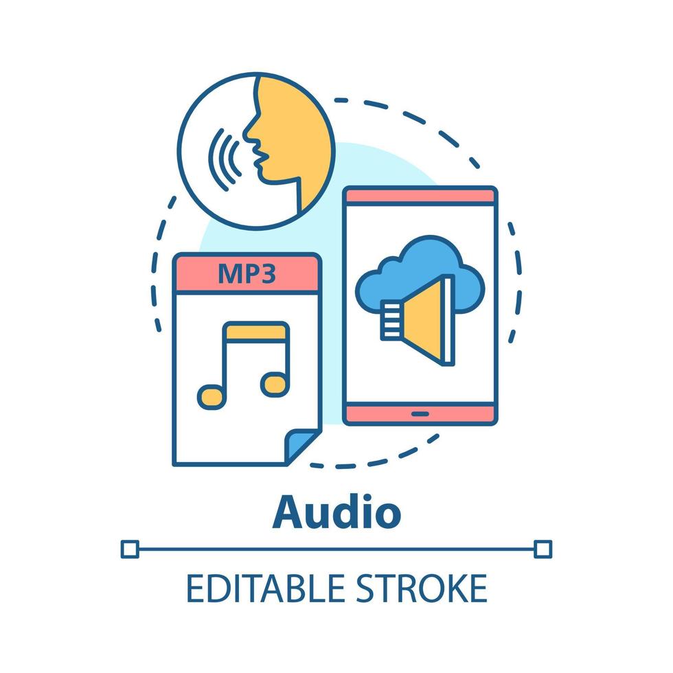 Audio concept icon. Listening hearing information idea thin line illustration. Songs, audiobooks, speech. Stereo records, music sounds and files. Vector isolated outline drawing. Editable stroke