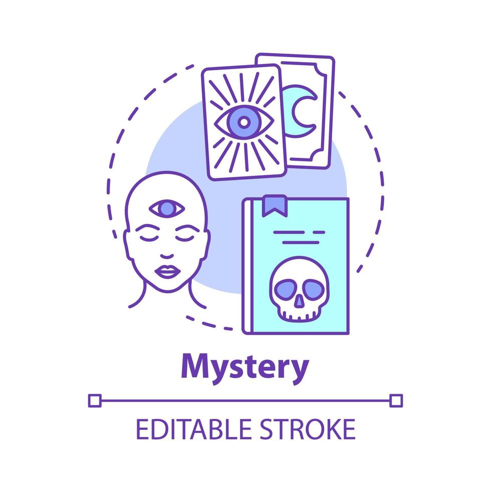 Mystery concept icon. Occult books idea thin line illustration. Mysticism, taromancy esoteric literature. Fortune telling and divination. Vector isolated outline drawing. Editable stroke