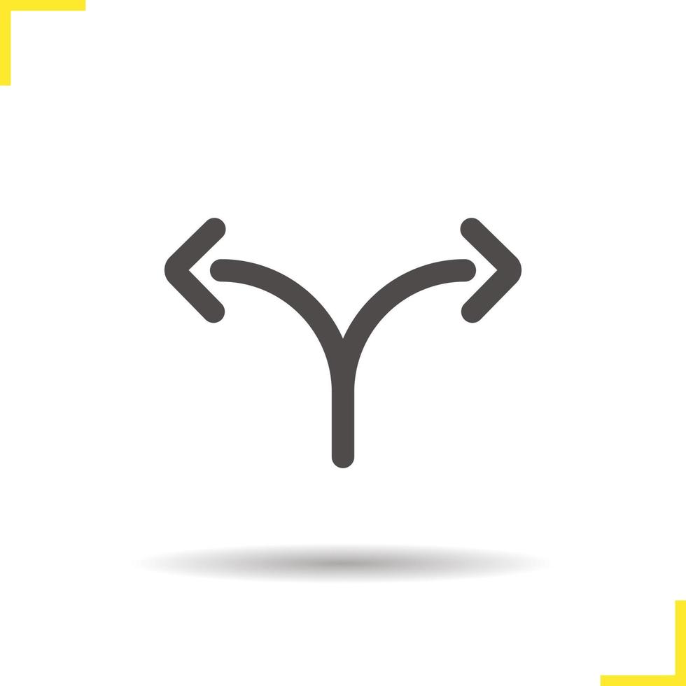 Road fork glyph icon. Drop shadow silhouette symbol. Two arrows. Negative space. Vector isolated illustration