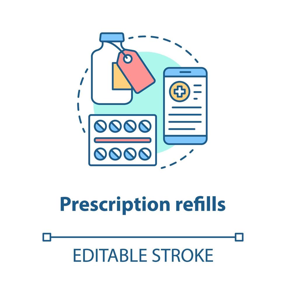 Prescription refills concept icon. Pharmacy idea thin line illustration. Medically prescribed drugs shopping, consultation. Taking rx medication. Vector isolated outline drawing. Editable stroke