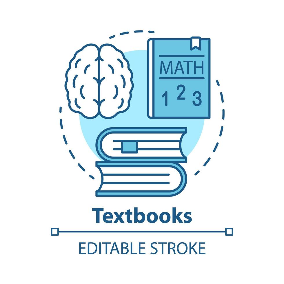 Textbooks concept icon. Educational literature idea thin line illustration. School and university subjects classbooks. Study learning books. Vector isolated outline drawing. Editable stroke