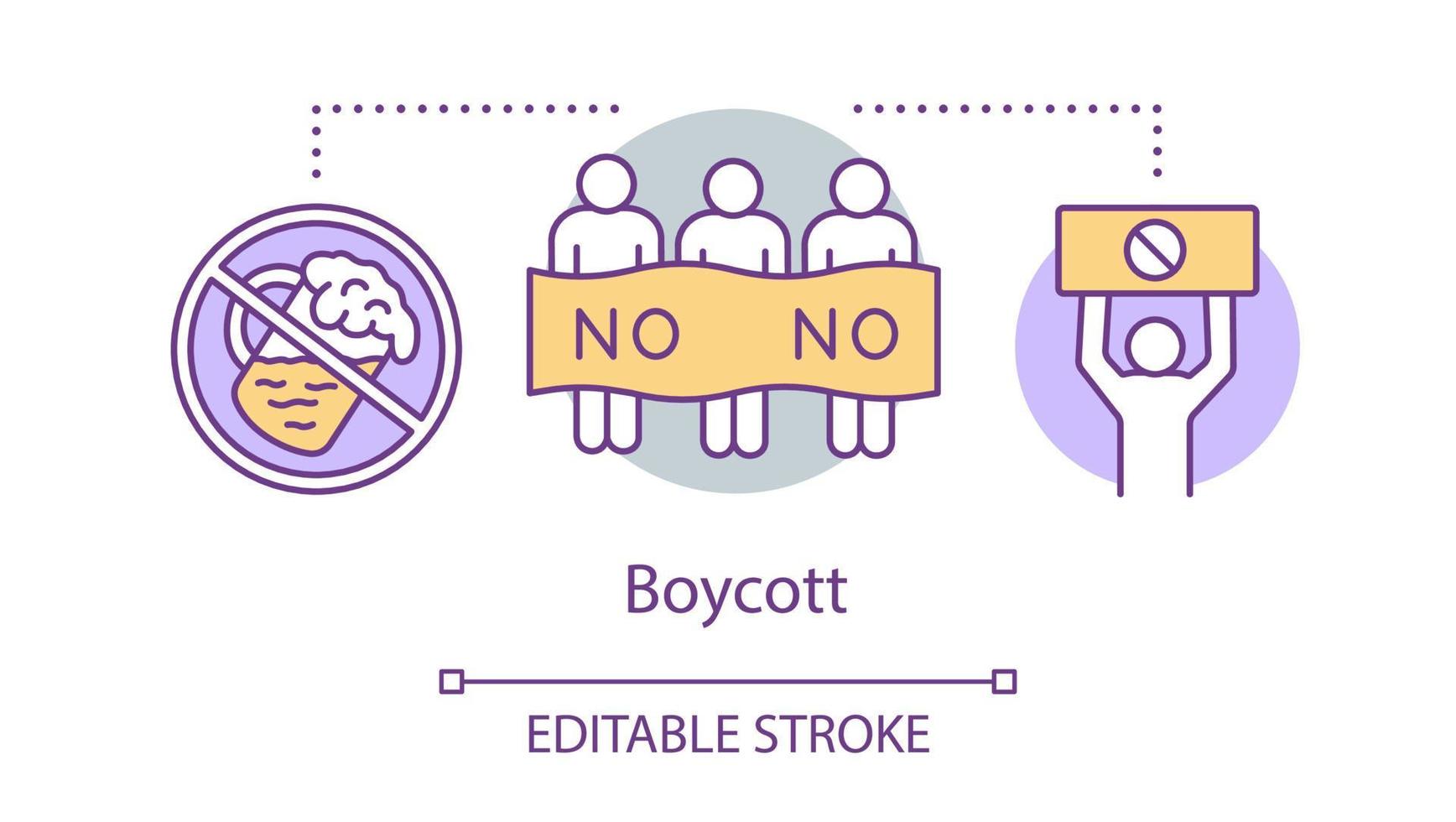 Boycott concept icon. Public product abstention, consumer activism idea thin line illustration. Protesters, activists with banners and placards vector isolated outline drawing. Editable stroke