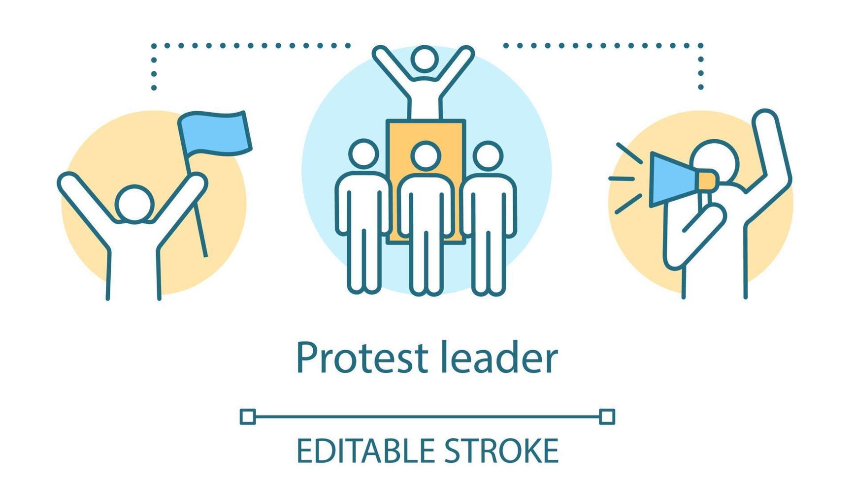 Protest leader concept icon. Public demonstration, social strike idea thin line illustration. Activist holding flag, crowd and protester with megaphone vector isolated outline drawing. Editable stroke