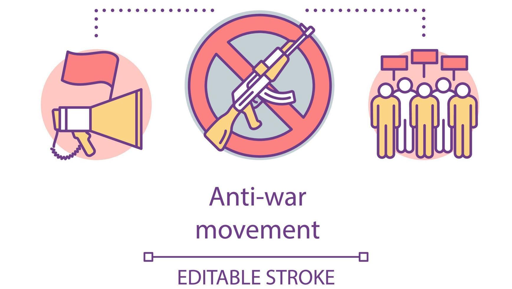 icono del concepto de movimiento contra la guerra. Oposición del militarismo, ilustración de línea fina de idea de pacifismo. megáfono con bandera, pistola con señal de stop y dibujo de contorno aislado del vector de los manifestantes. trazo editable