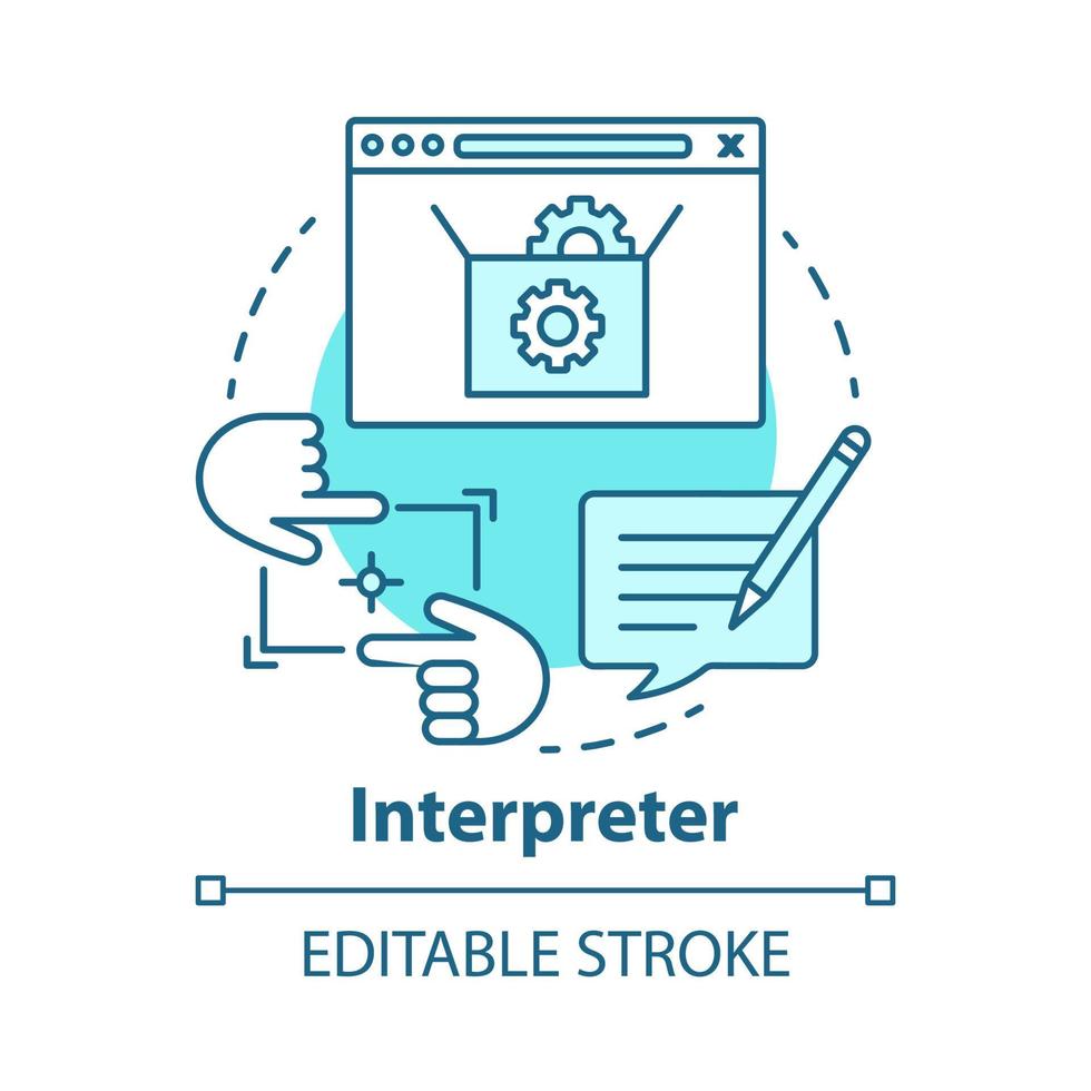 icono del concepto de intérprete. centro de ayuda y soporte. prueba de código de computadora. tecnologías de la información. Ilustración de línea fina de idea de configuración de programa. dibujo de contorno aislado vectorial. trazo editable vector