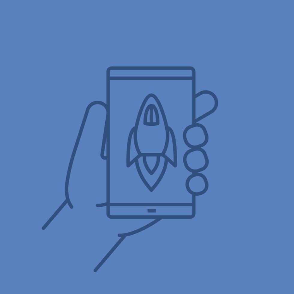 Hand holding smartphone color linear icon. Smart phone boost app. Thin line outline symbols on color background. Vector illustration