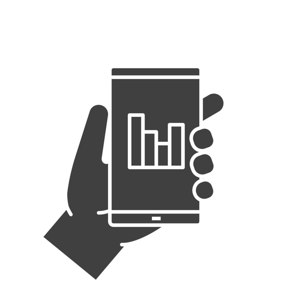 Hand holding smartphone glyph icon. Silhouette symbol. Smart phone statistics chart. Negative space. Vector isolated illustration