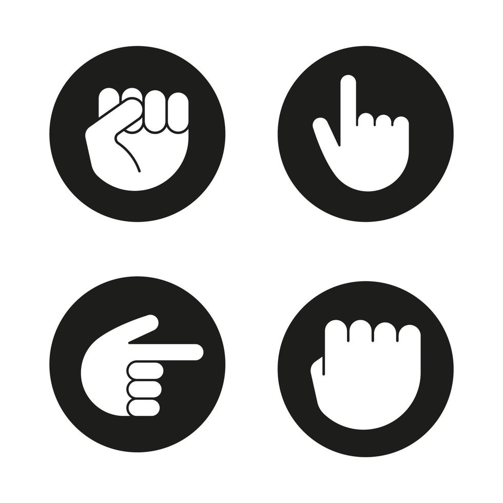 Conjunto de iconos de glifo de gestos con las manos. puños apretados y levantados, manos apuntando hacia la derecha y hacia arriba. ilustraciones de siluetas blancas vectoriales en círculos negros vector