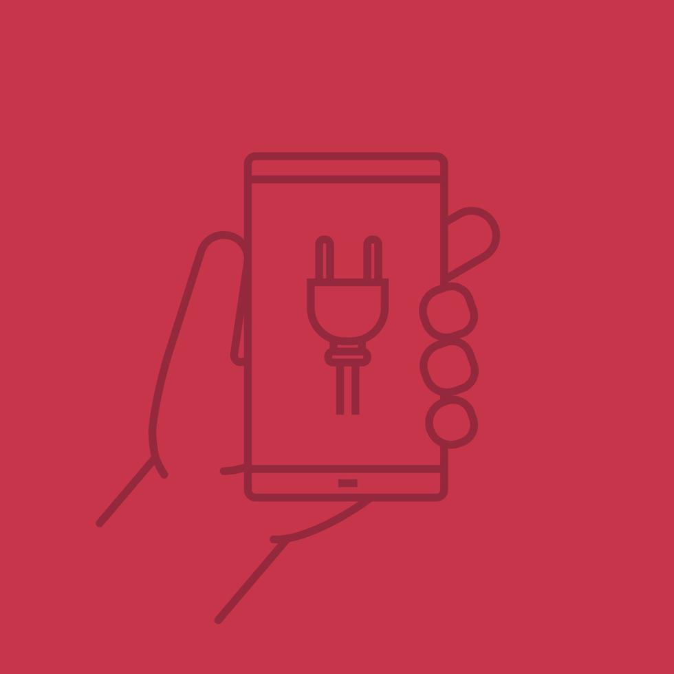Hand holding smartphone color linear icon. Smart phone charging. Thin line outline symbols on color background. Vector illustration