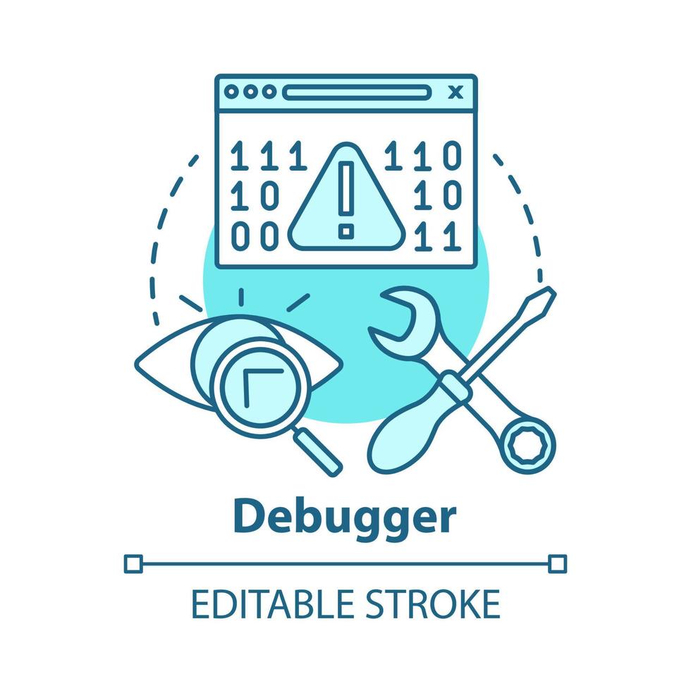 Debugger concept icon. Debugging tool. Testing and setting software. Computer program development. Code error checking idea thin line illustration. Vector isolated outline drawing. Editable stroke