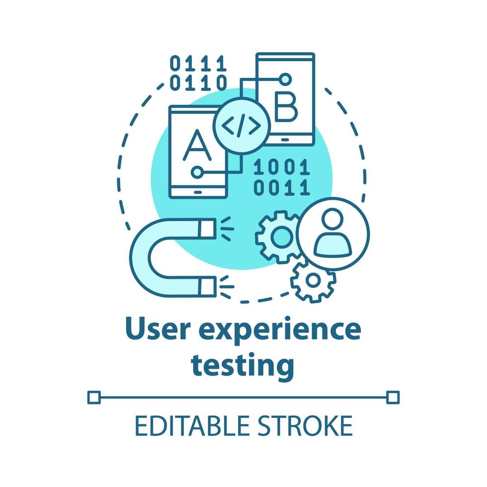 User experience testing concept icon. UX. Software development. Information technology. Correction of error in application idea thin line illustration. Vector isolated outline drawing. Editable stroke