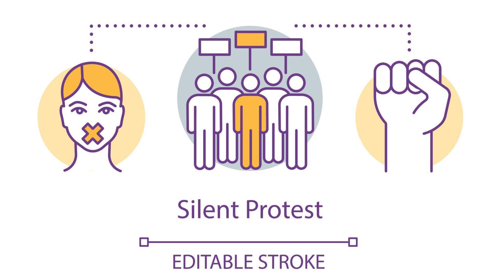 Silent protest concept icon. Civil disobedience, nonviolent resistance idea thin line illustration. Raised fist, protesters, activist with taped mouth vector isolated outline drawing. Editable stroke