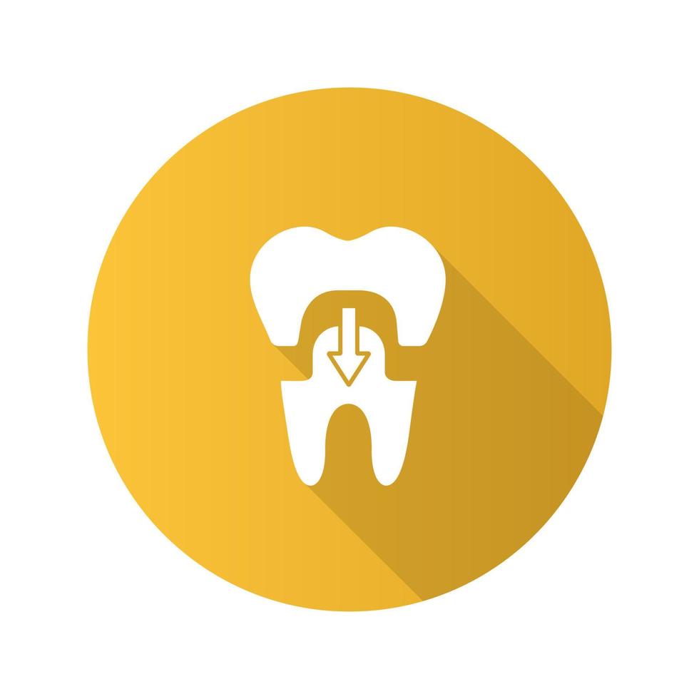 Corona dental con icono de glifo de larga sombra de diseño plano de flecha hacia abajo. restauración de dientes. ilustración de silueta de vector