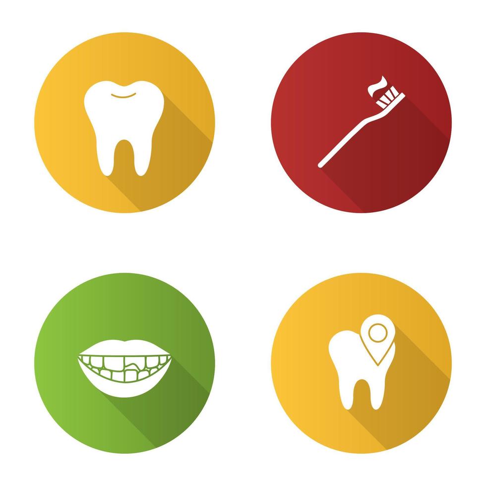 Dentistry flat design long shadow glyph icons set. Stomatology. Healthy tooth, dental clinic location, broken tooth, toothbrush and toothpaste. Vector silhouette illustration