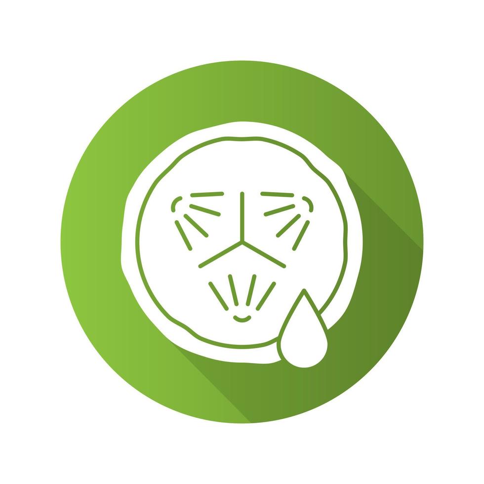 Cucumber slice with juice. Flat design long shadow glyph icon. Spa. Cucumber facial mask. Vector silhouette illustration