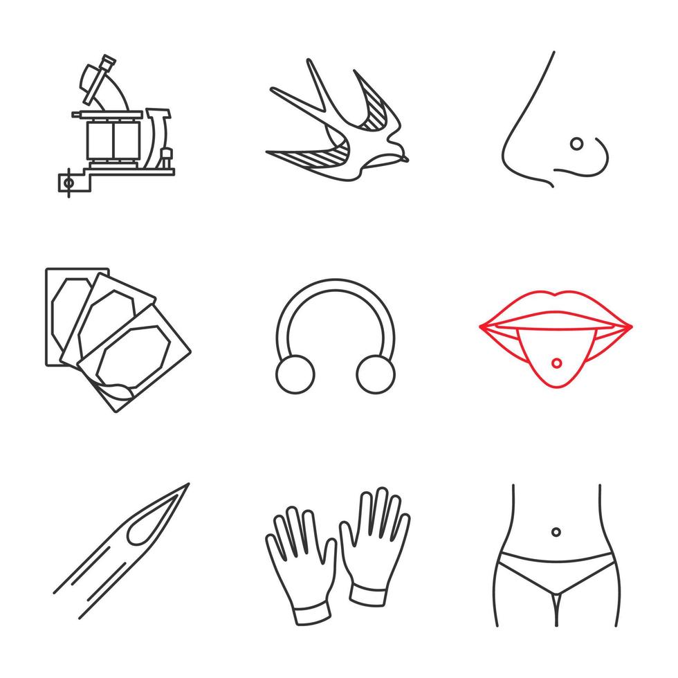 Tattoo studio linear icons set. Tattoo machine, swallow, pierced nose and tongue, plaster, ring, needle, medical gloves, piercing. Thin line contour symbols. Isolated vector outline illustrations