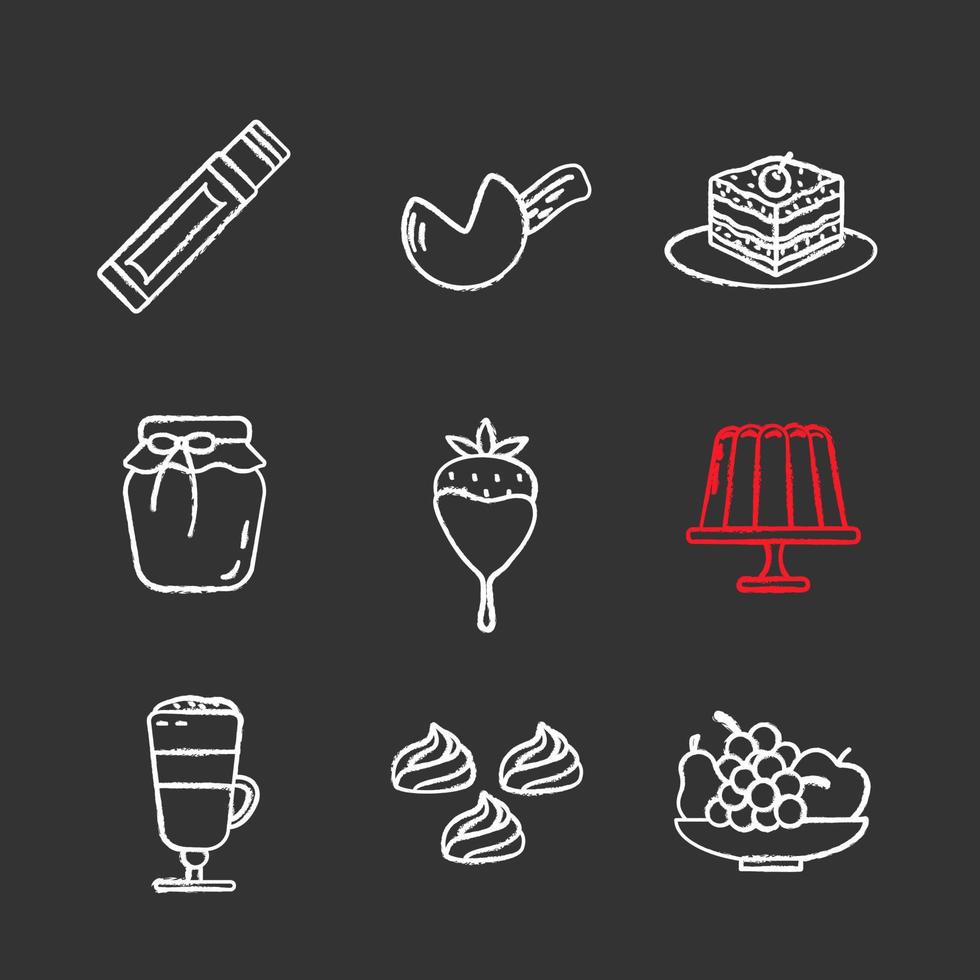 Confectionery chalk icons set. Chewing gum stick, fortune cookie, tiramisu, berry jam, strawberry in chocolate, pudding, coffee, meringues, fruit. Isolated vector chalkboard illustrations