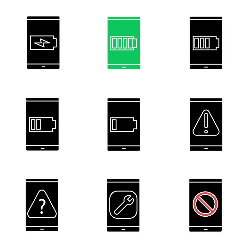 Smartphone glyph icons set. Low and high smartphone battery charge, error, FAQ, settings, no signal. Silhouette symbols. Vector isolated illustration