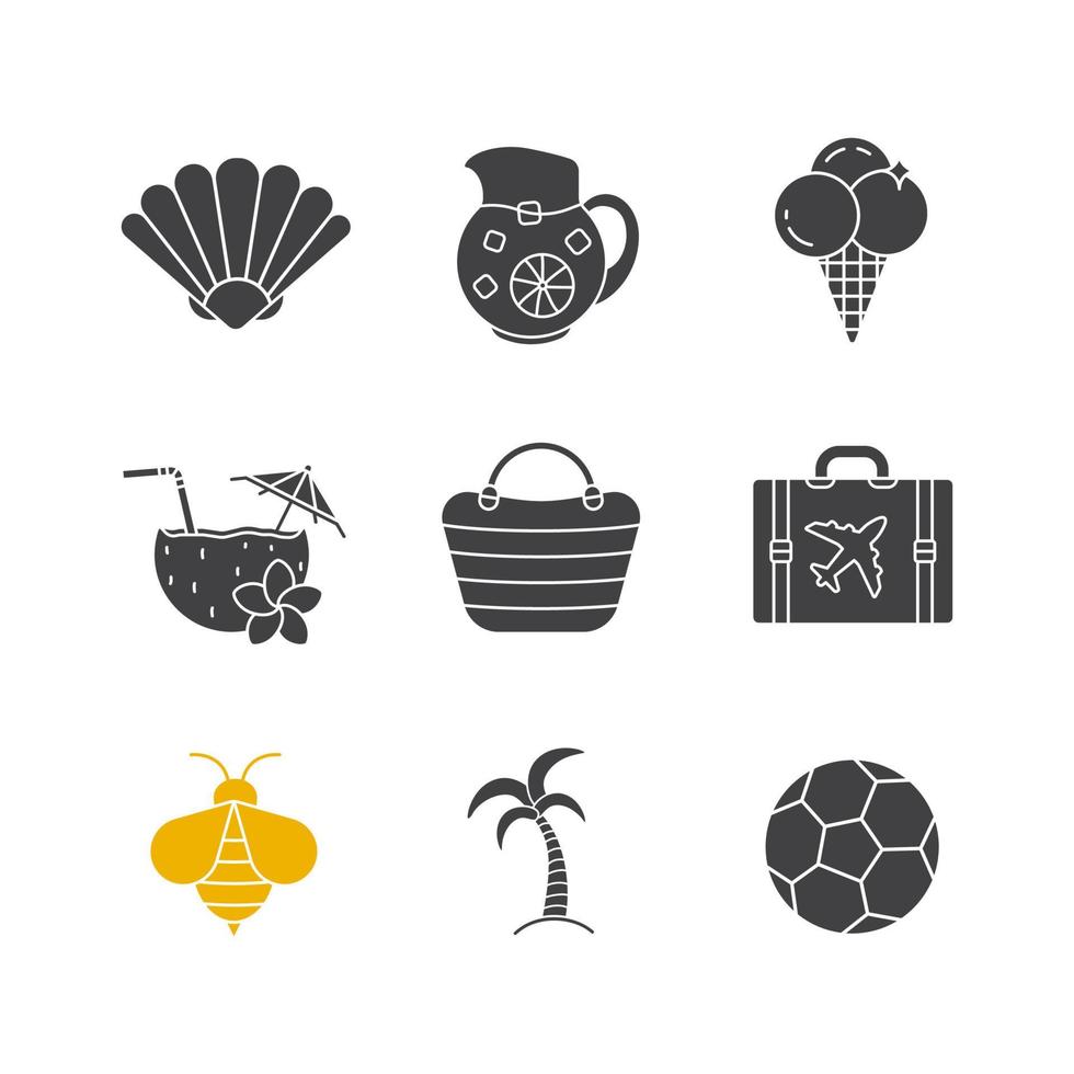 conjunto de iconos de glifo de verano. símbolos de silueta. concha, jarra de limonada, helado, cóctel de playa, bolso, palmera, maleta, abeja, balón de fútbol. vacaciones de verano. vector ilustración aislada