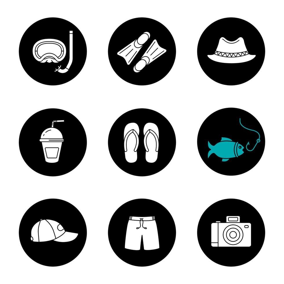 Summer holidays glyph icons set. Aqualung, flippers, homburg hat, refreshing drink, flip flops, fishing, cap, shorts, photo camera. Vector white silhouettes illustrations in black circles