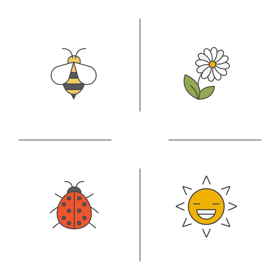 Summer color icons set. Wasp, ladybug, flower, smiling sun. Nature. Isolated vector illustrations