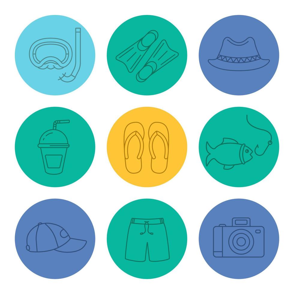 Summer holidays linear icons set. Aqualung, flippers, hat, refreshing drink, flip flops, fishing, cap, swimming trunks, photo camera. Thin line outline symbols on color circles. Vector illustrations