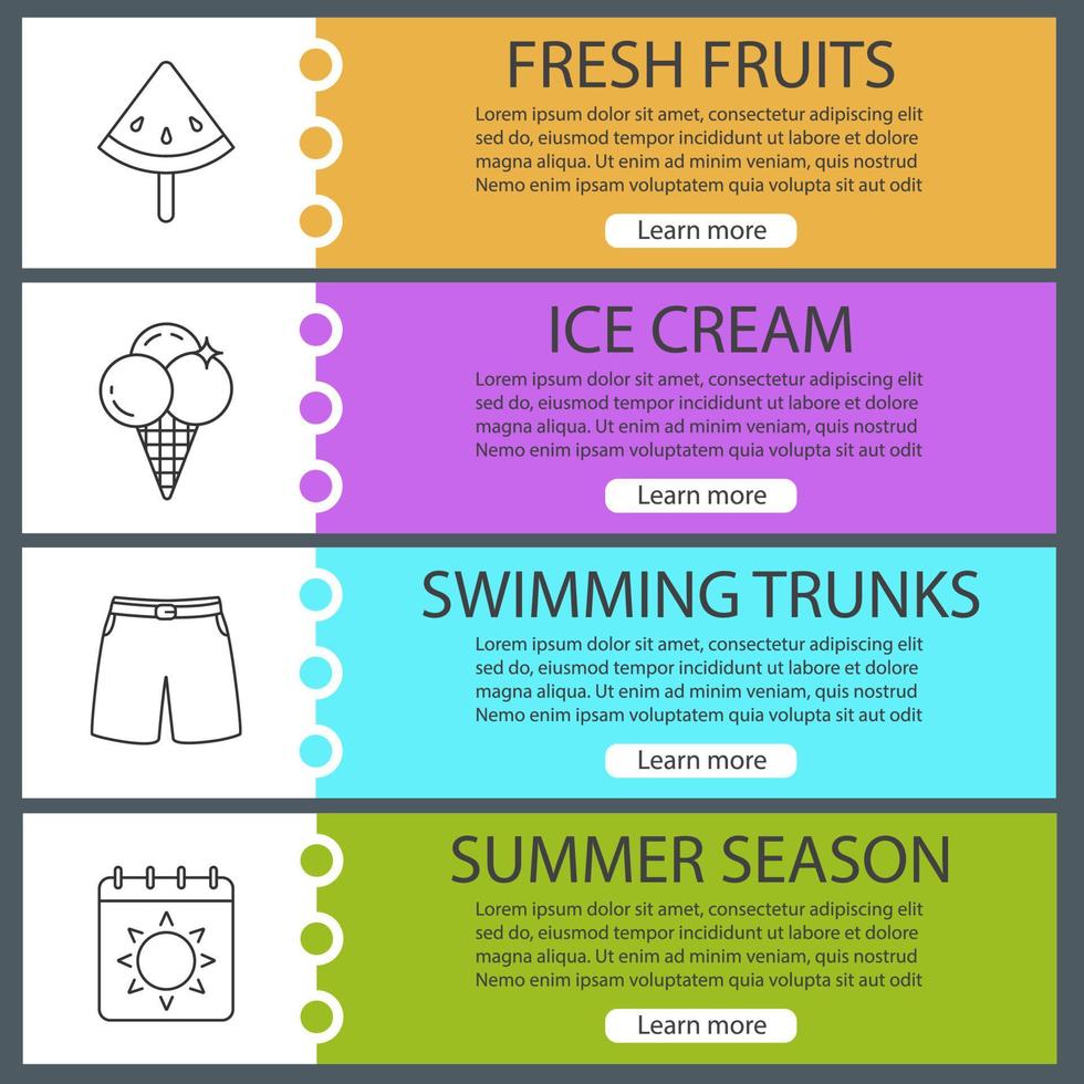conjunto de plantillas de banner web de verano. sandía en palo, helado, bañador, calendario con sol. elementos del menú de color del sitio web con iconos lineales. conceptos de diseño de encabezados vectoriales vector