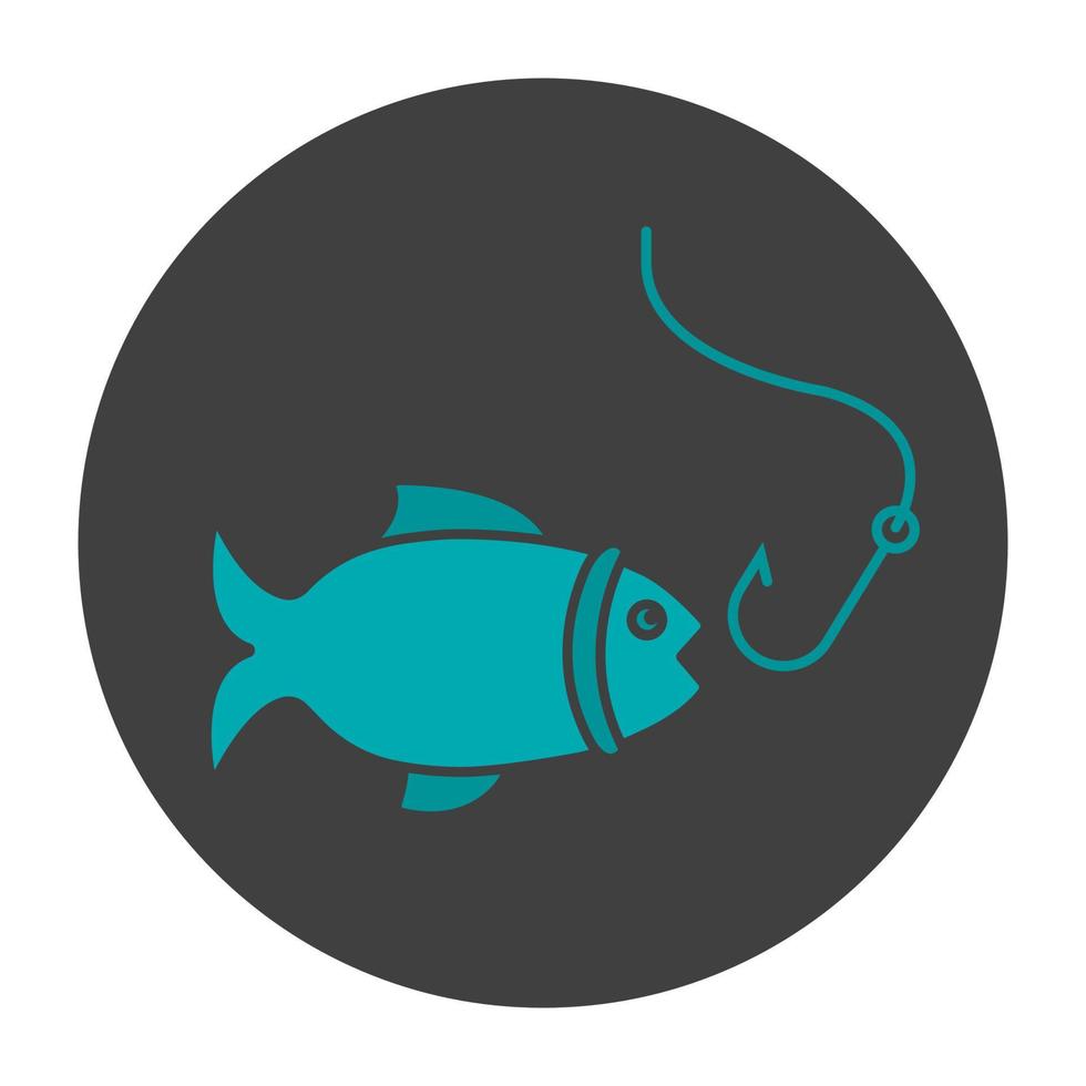 Fishing glyph color icon. Fish with hook. Silhouette symbol on black background. Negative space. Vector illustration