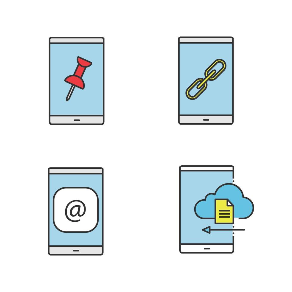Smartphone color icons set. File attach, link, e-mail, cloud storage. Isolated vector illustrations