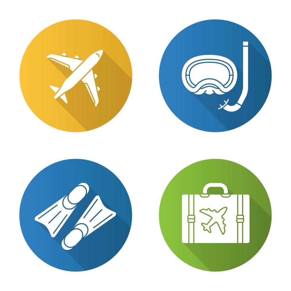 Summer vacation flat design long shadow glyph icons set. Airplane flight, aqualung, flippers, luggage suitcase. Vector silhouette illustration