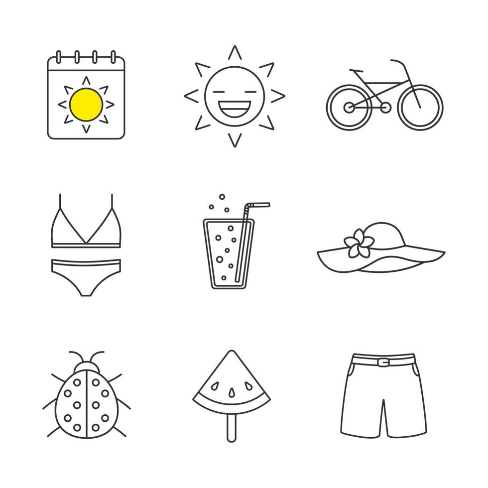 Summer linear icons set. Calendar, smiling sun, bike, swimsuit and beach hat, lemonade, ladybug, watermelon on stick, swimming trunks. Thin line contour symbols. Isolated vector illustrations