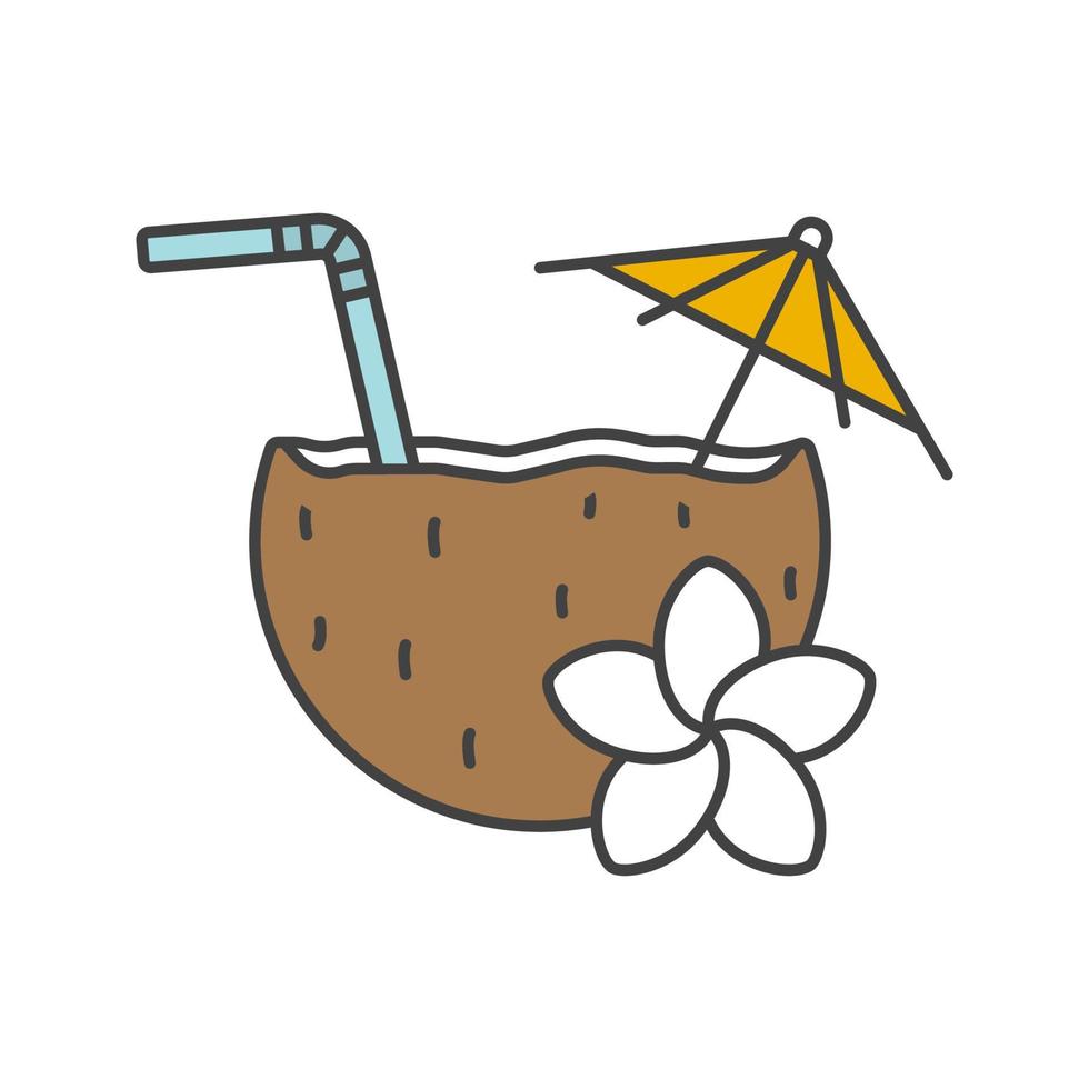 icono de color de cóctel de playa. Cóctel de piña colada con paja, paraguas y flor de plumeria. ilustración vectorial aislada vector