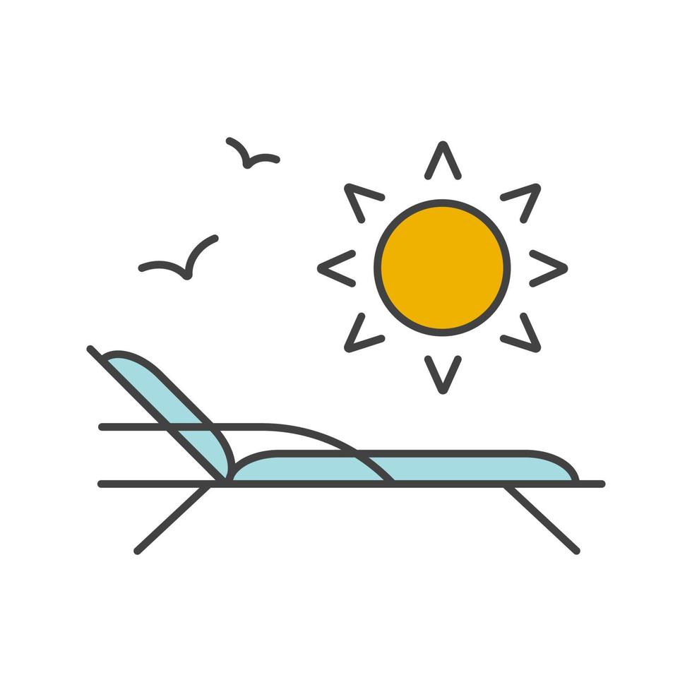 Beach rest color icon. Beach chair with birds and rising sun. Isolated vector illustration
