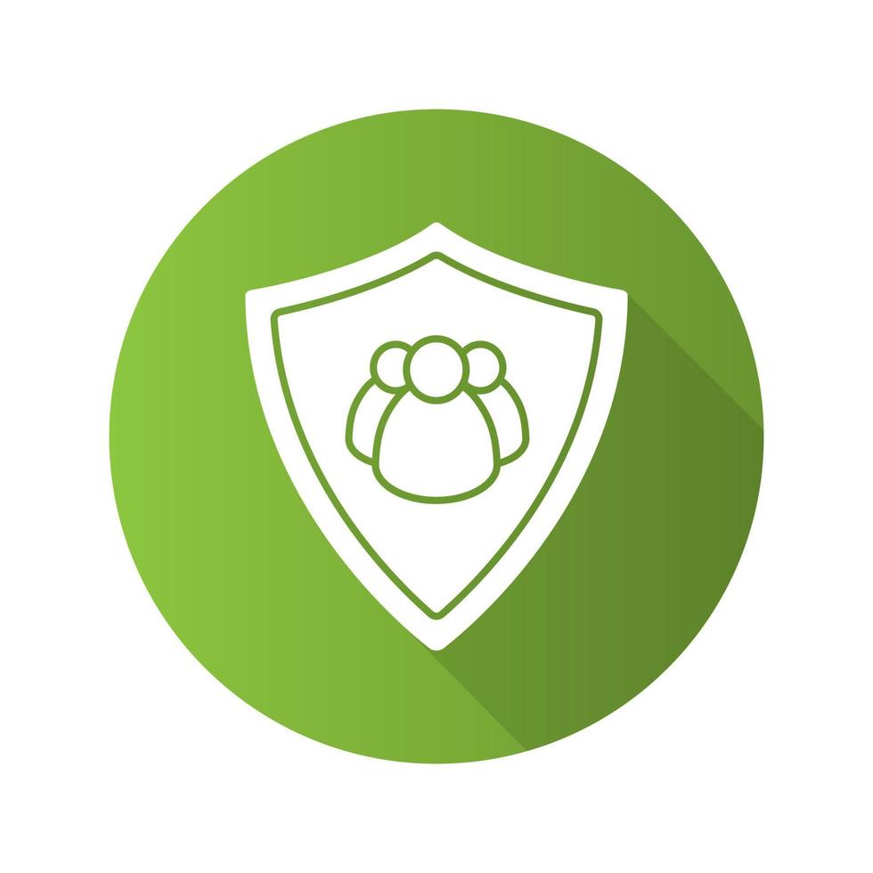 Users protection flat design long shadow icon. Collective security. Protection shield with group of people. Vector silhouette symbol