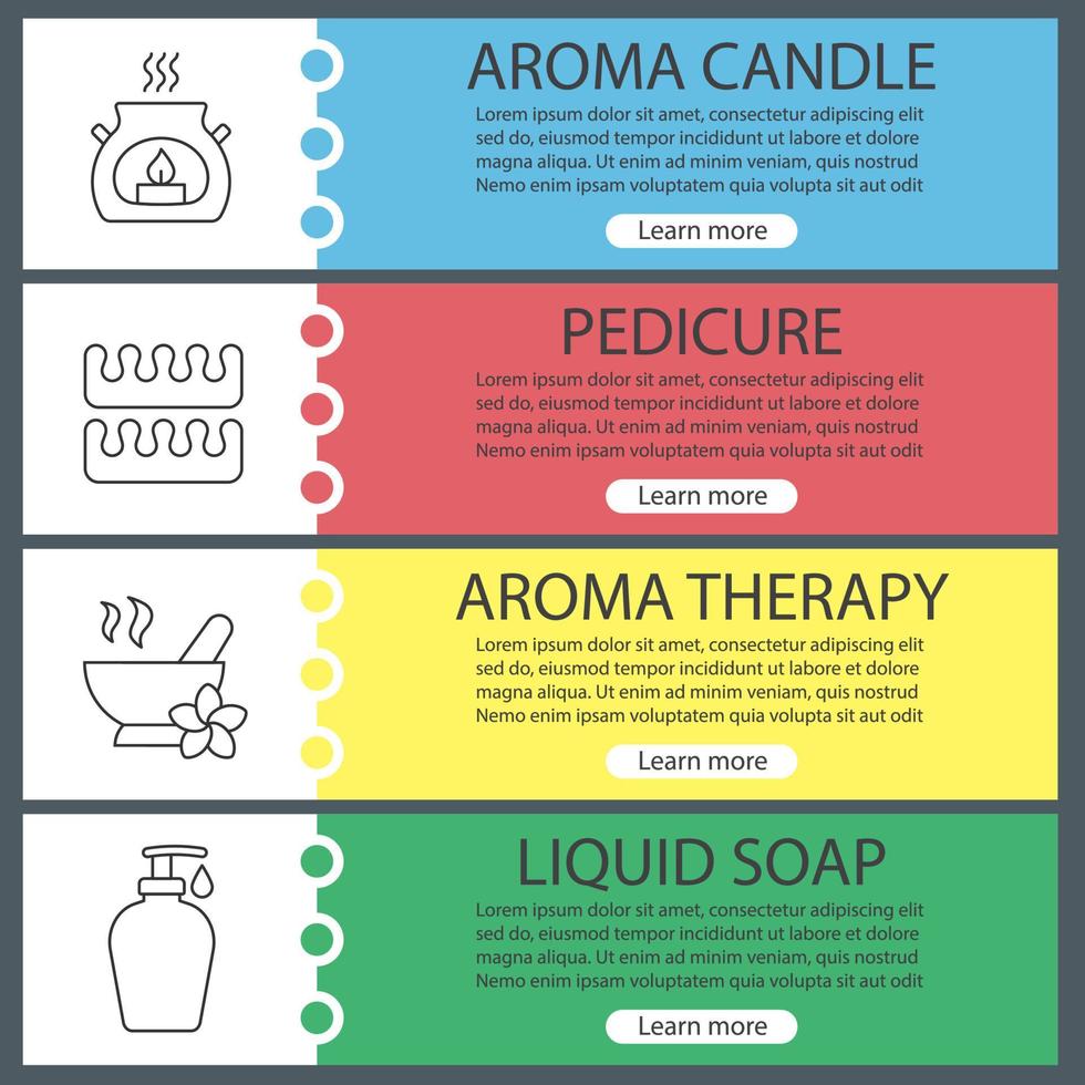 Spa salon web banner templates set. Aromatherapy candle, pedicure separators, mortar and pestle, liquid soap. Website color menu items with linear icons. Vector headers design concepts