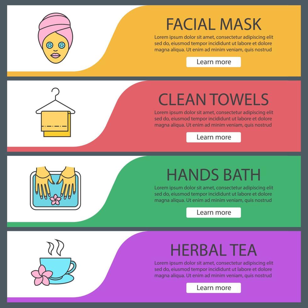 Spa salon web banner templates set. Facial mask, clean towels, hands bath, herbal tea. Website color menu items. Vector headers design concepts