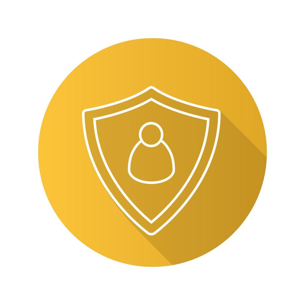 User security flat linear long shadow icon. Protection shield with man figure. Vector outline symbol