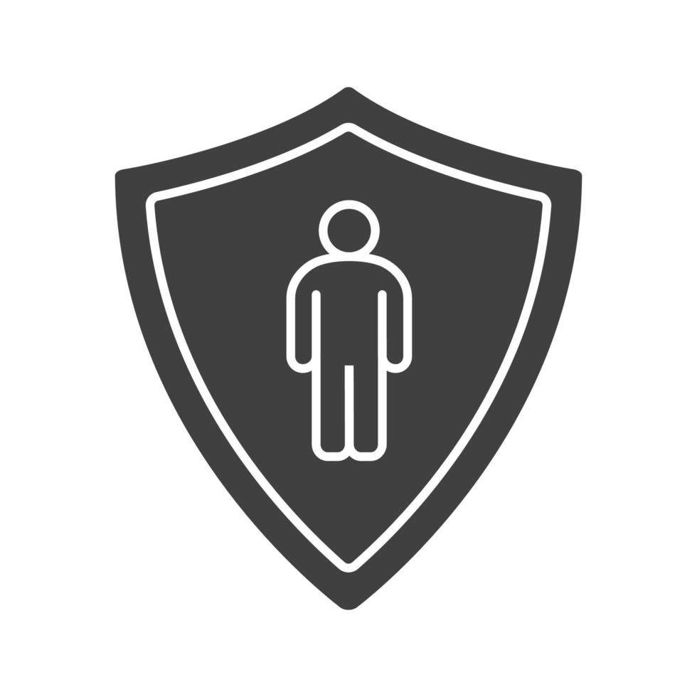 Bodyguard glyph icon. Silhouette symbol. Man inside protection shield. Negative space. Vector isolated illustration