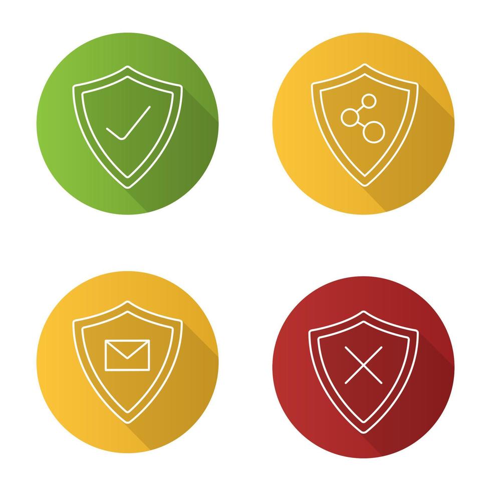 Protection shields flat linear long shadow icons set. Email and network connection security. Approved and denied protection. Vector outline illustration