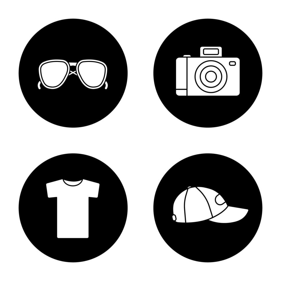 Summer items glyph icons set. Sunglasses, photo camera, t-shirt, cap. Vector white silhouettes illustrations in black circles
