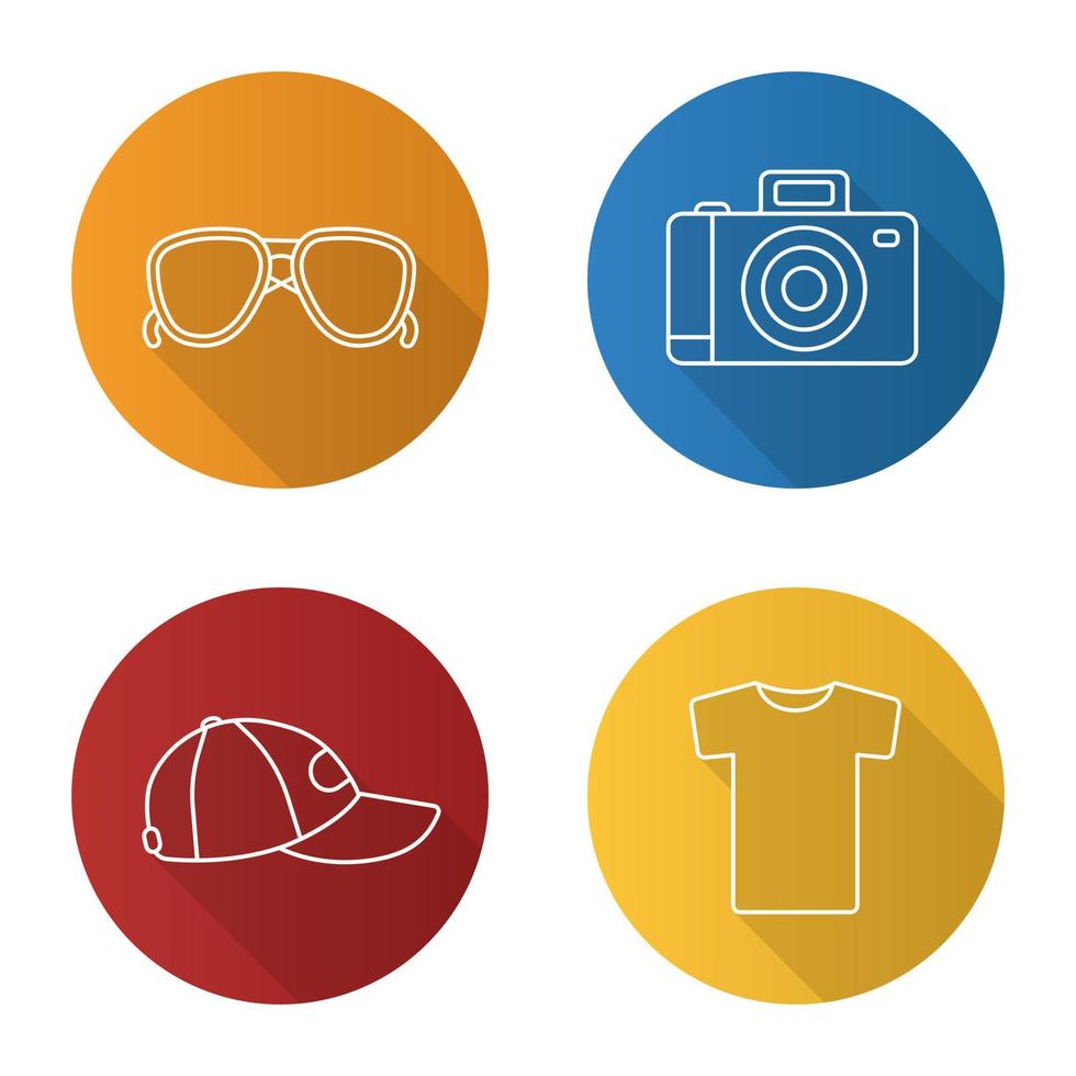 Summer items flat linear long shadow icons set. Sunglasses, photo camera, t-shirt, cap. Vector outline illustration