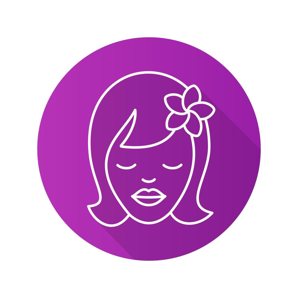 Girl with plumeria flower. Flat linear long shadow icon. Aromatherapy. Vector line symbol