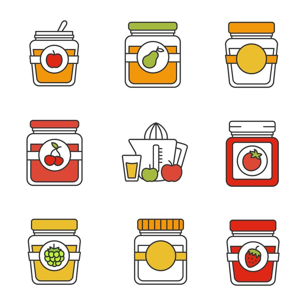 conservas caseras conjunto de iconos de colores. frascos de manzana, pera, cereza, frambuesa, mermelada de fresa, salsa de tomate, jugo. ilustraciones vectoriales aisladas vector