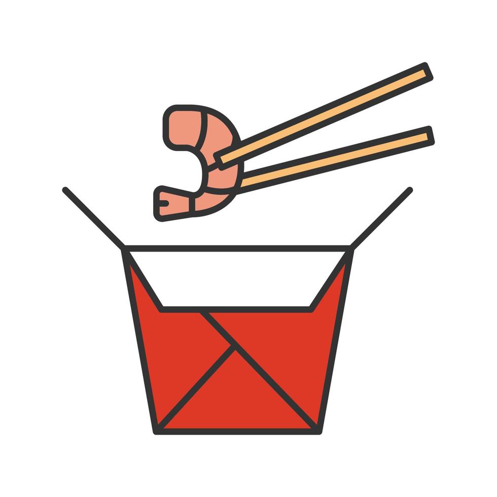 fideos chinos con mariscos en el icono de color de la caja de papel. fideos wok con gambas. ilustración vectorial aislada vector