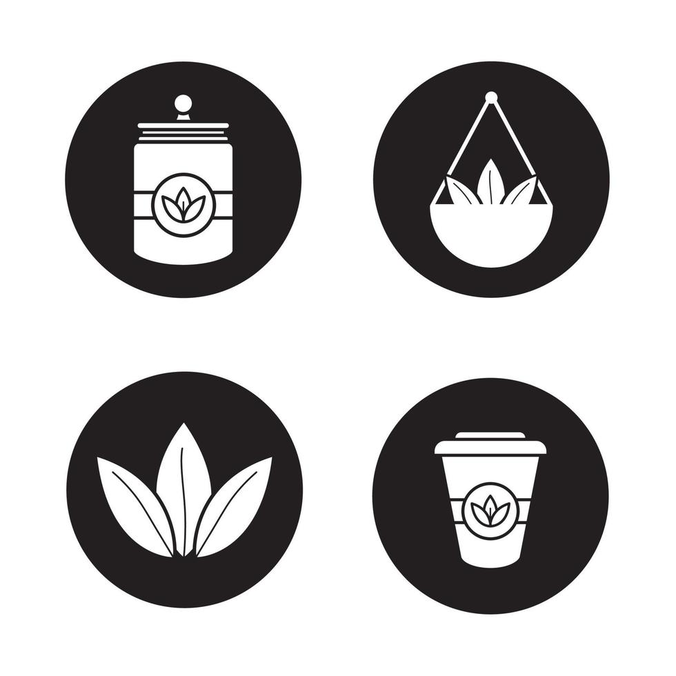 Tea glyph icons set. Loose tea leaves in bulk, disposable paper cup, container. Vector white silhouettes illustrations in black circles